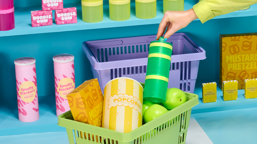 Woman shopping and putting items into Grocery Basket.