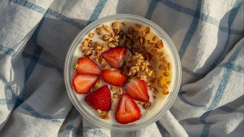 Strawberries and granola yogurt bowl on a blue and white blanket.