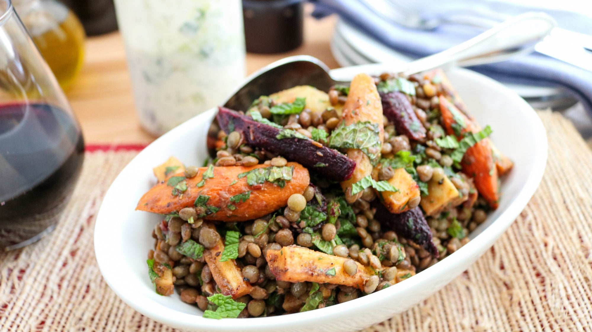 Root Vegetable & Lentil Salad with Tatziki Dressing