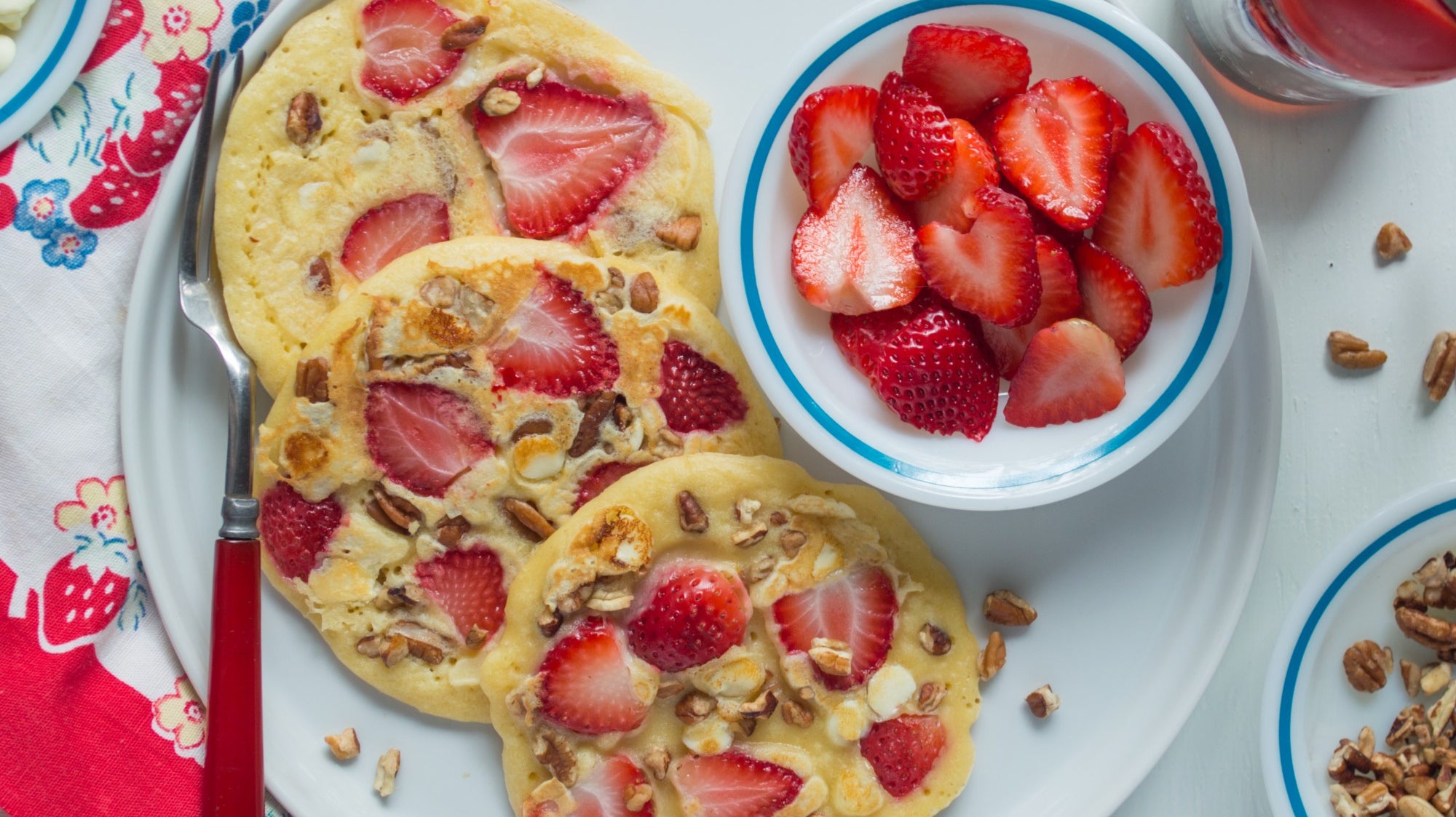 Strawberry Pecan White Chocolate Pancakes
