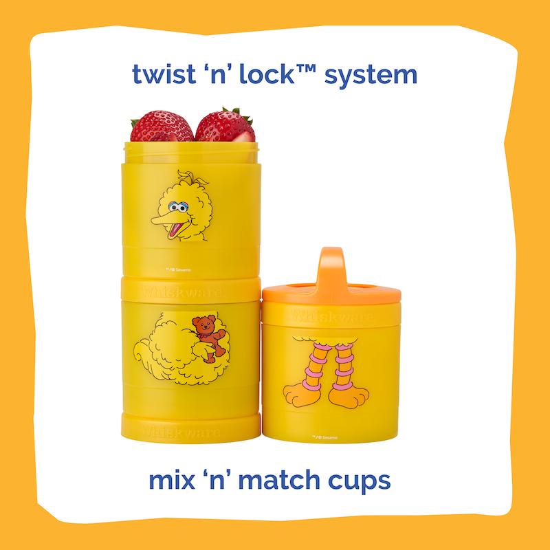 Yellow stackable cups with cartoon characters on a white background. Text highlighting it's twist 'n' lock™ system & mix 'n' match cups.
