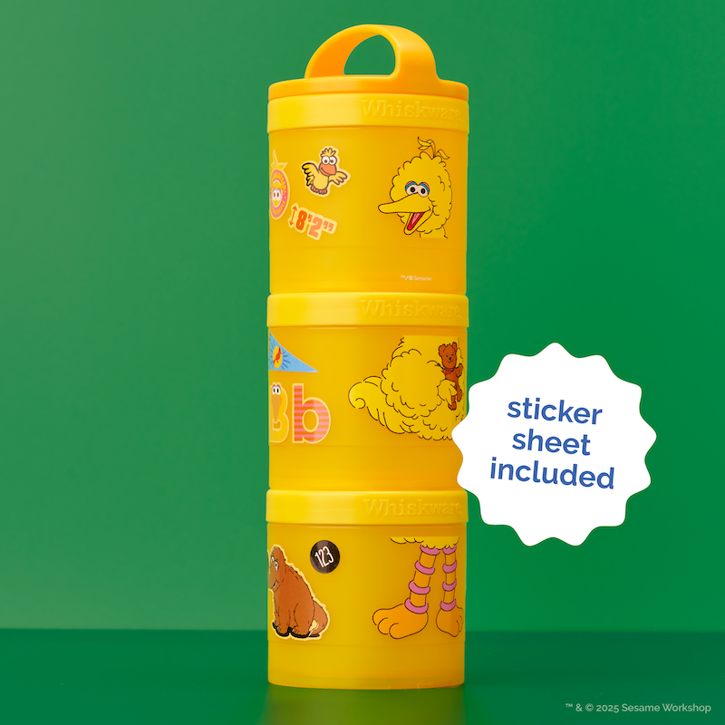 Yellow cylindrical container with Sesame Street characters on a green background.