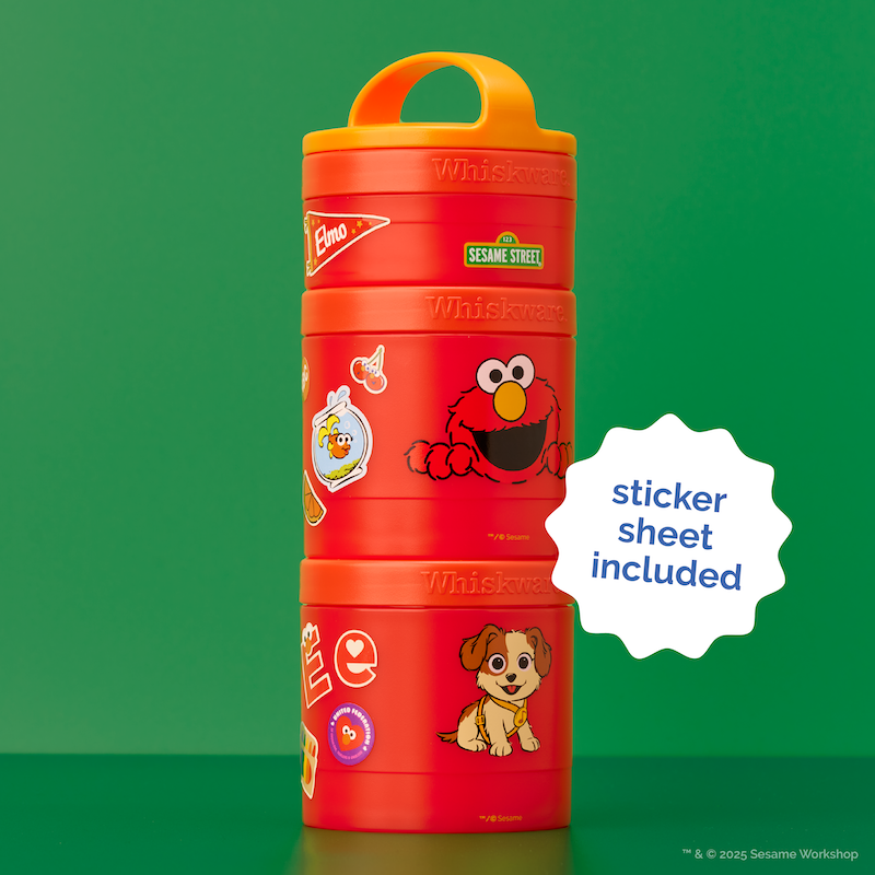 Red container with Sesame Street characters on a green background
