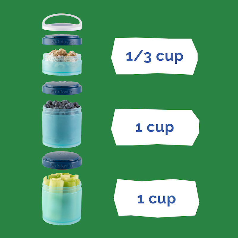 Three containers with different food contents and labeled capacities on a green background. The top container holds 1/3 cup, while the bottom two hold 1 cup each.