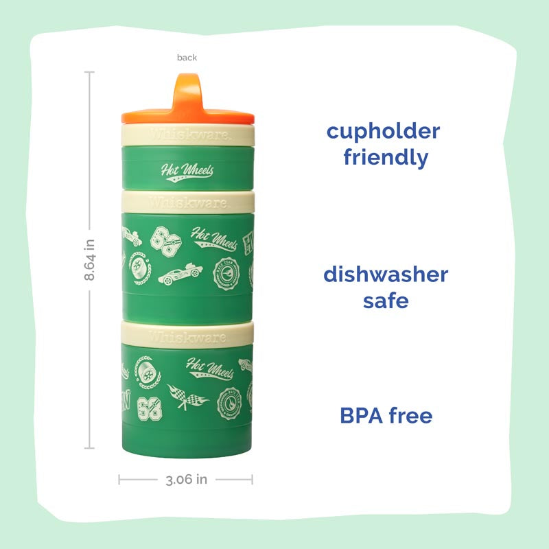 Snack container with a green design on a white background, labeled cupholder-friendly, dishwasher safe, and BPA-free.