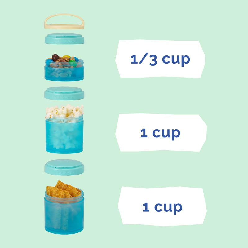 Product image of three blue containers on a light green background, with capacity labels showing the top cup holds 1/3 cup and the two bottom cups hold 1 cup each.