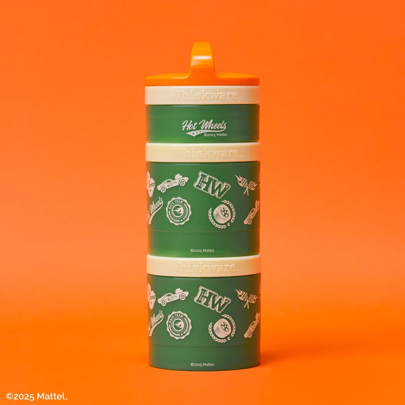 Hot Wheels snack container with green design on an orange background