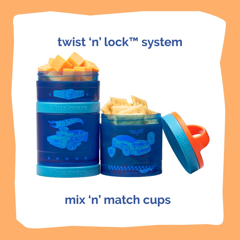 Hot Wheels snack containers with twist 'n' lock system & mix 'n' match cups