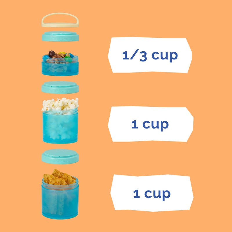 Product image of three blue containers on a light orange background, with capacity labels showing the top cup holds 1/3 cup and the two bottom cups hold 1 cup each.