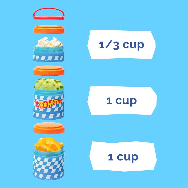 Product image of three blue containers on a light green background, with capacity labels showing the top cup holds 1/3 cup and the two bottom cups hold 1 cup each.