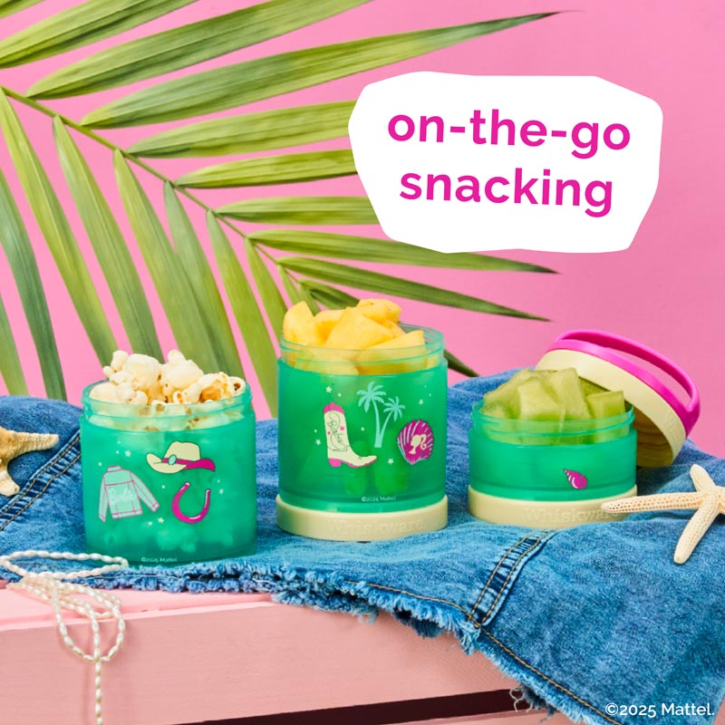 Barbie-themed snack containers filled with fruit and popcorn on a colorful background, featuring the text 'on-the-go snacking'.