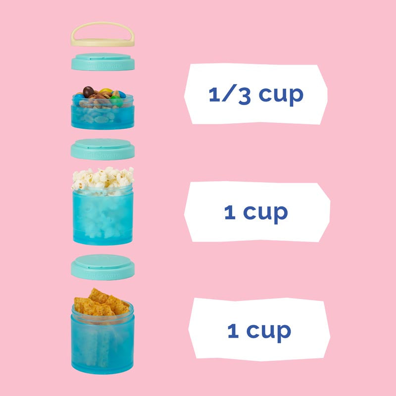 Product image of three blue containers on a light pink background, with capacity labels showing the top cup holds 1/3 cup and the two bottom cups hold 1 cup each.