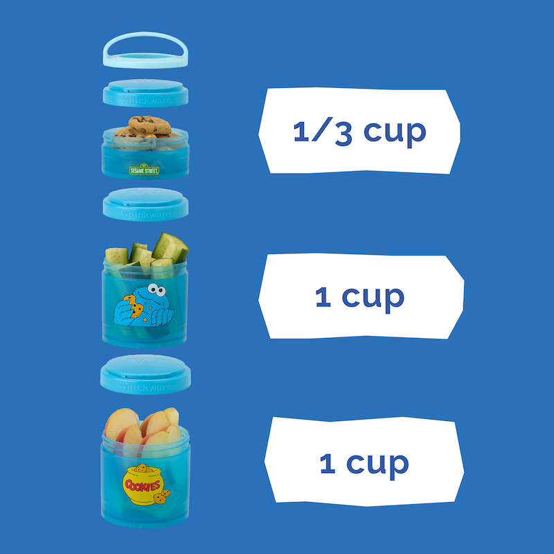 Set of blue containers with food items and measurements on a blue background. The top container holds 1/3 cup, while the bottom two hold 1 cup each.
