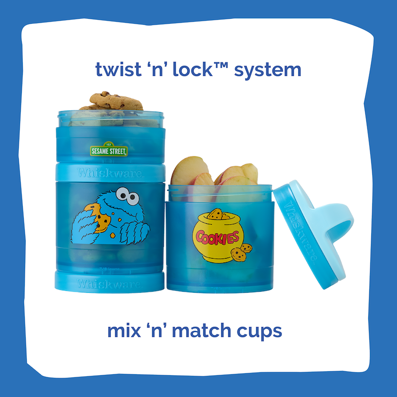 Blue snack containers with Sesame Street character design on a white background. Text highlights it's twist 'n' lock™ system & mix 'n' match cups.