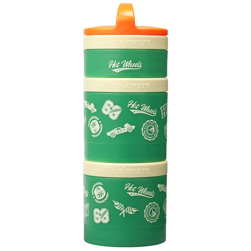 Green snack tower with orange carry loop featuring Hot Wheels branding on a white background