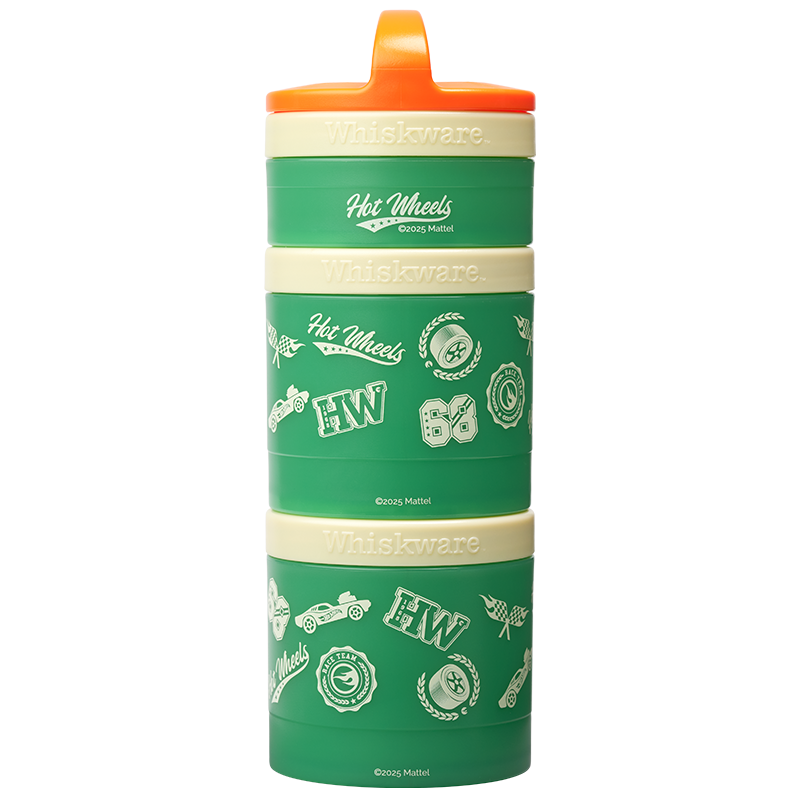 Green Whiskware snack container with orange carry loop featuring Hot Wheels graphics