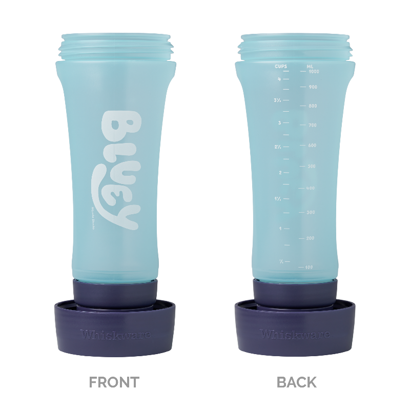 Two blue pancake batter mixers with one showing Bluey branding and the other showing measurement markings.