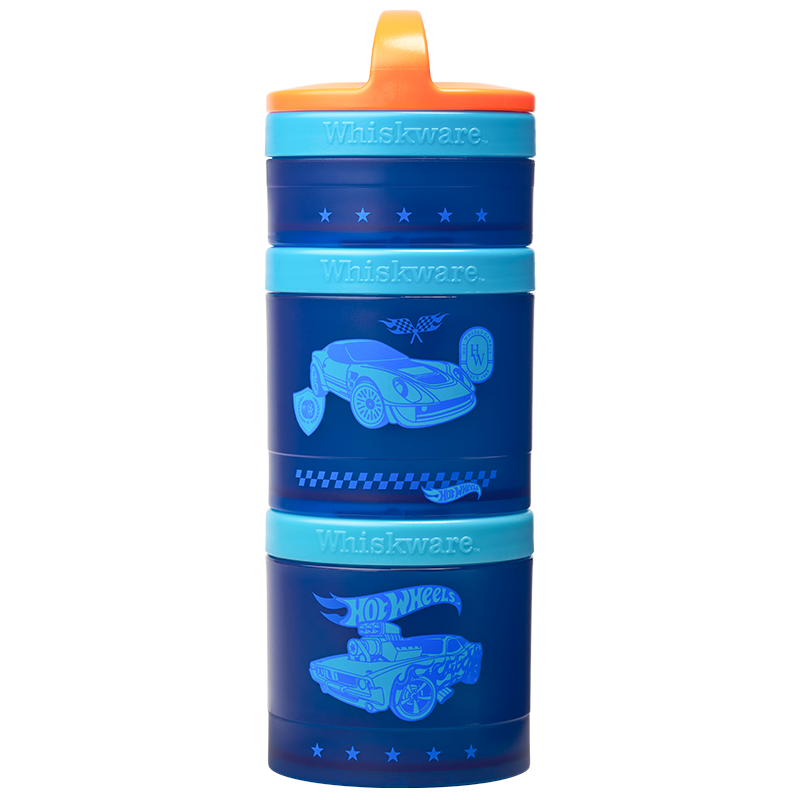Children's snack container with car design on a white background