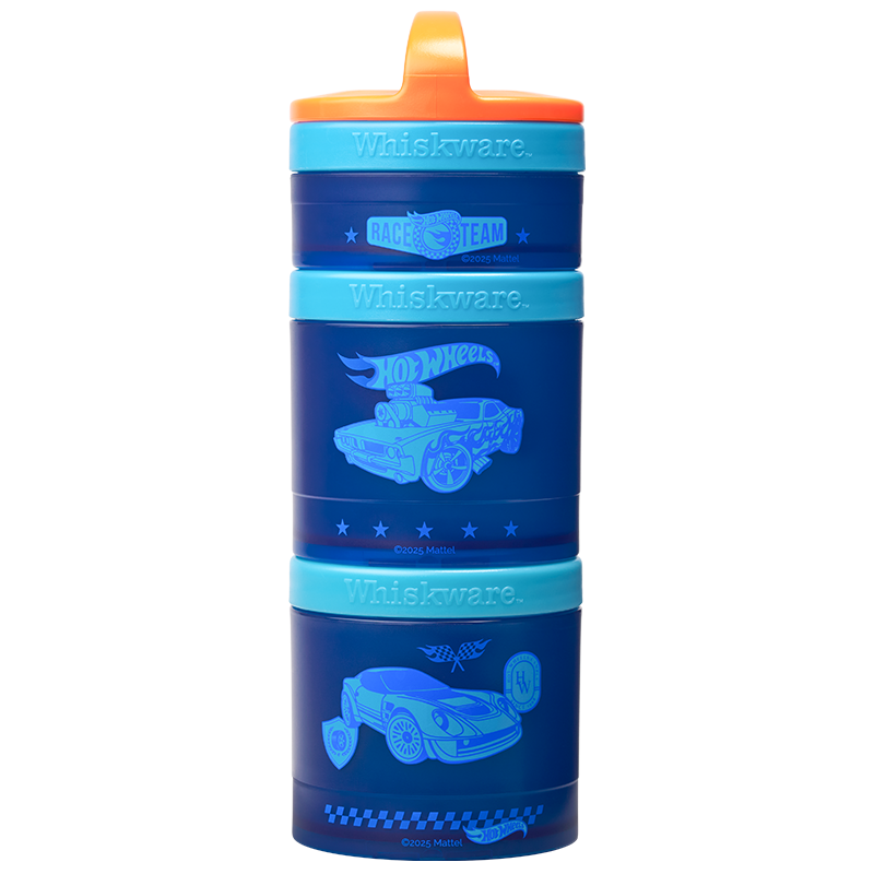 Blue and Whiskware snack cup with Hot Wheels designs on a white background