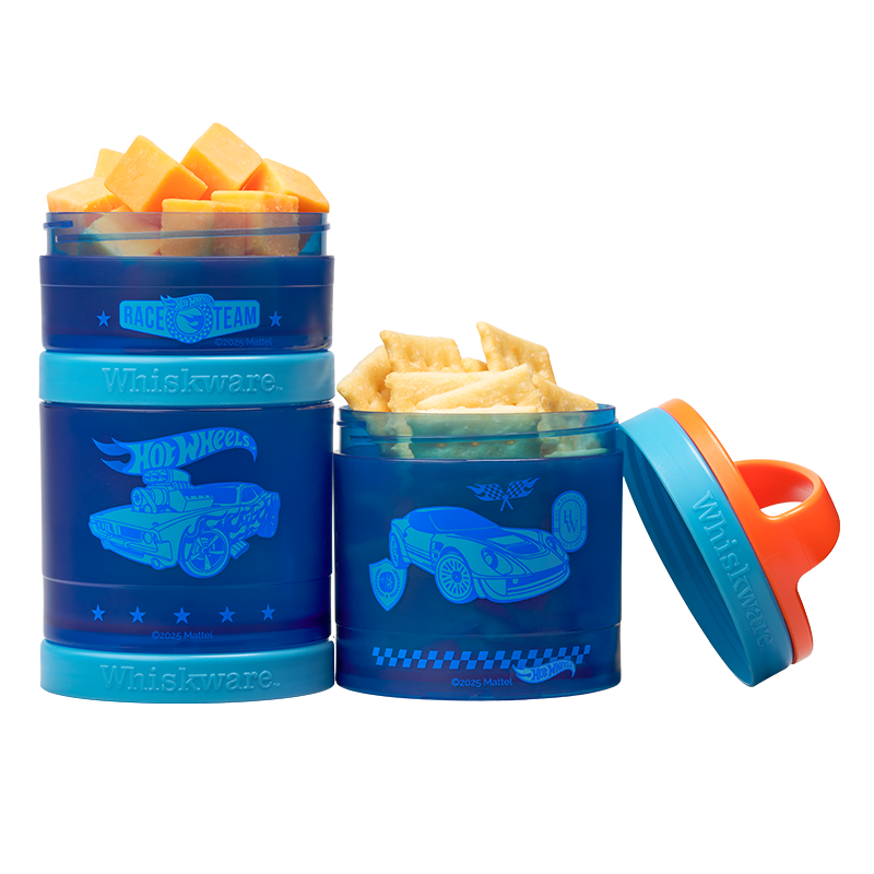 Blue snack containers with an orange carry loop, two are open showing snacks, one is closed and stacked under another.