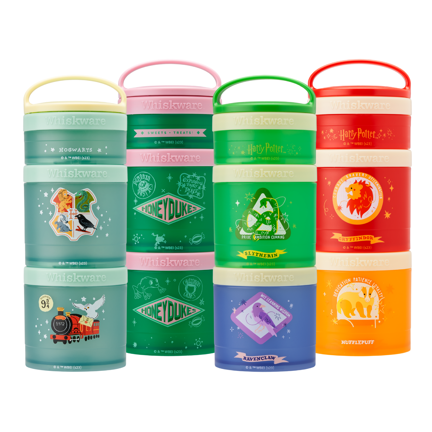 A set of colorful Whiskware Snack containers with Harry Potter themed designs.
