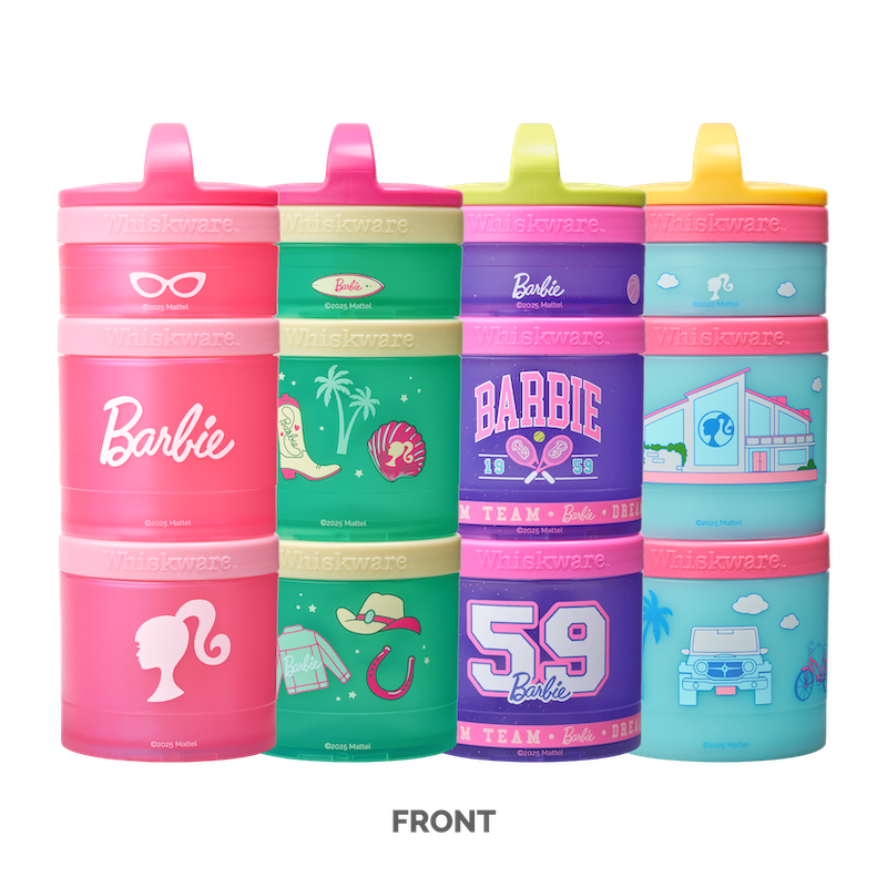 Set of four colorful snack containers with Barbie™ branding.