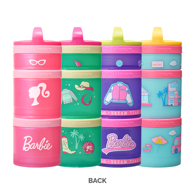 Set of four colorful snack containers with Barbie™ themed designs.