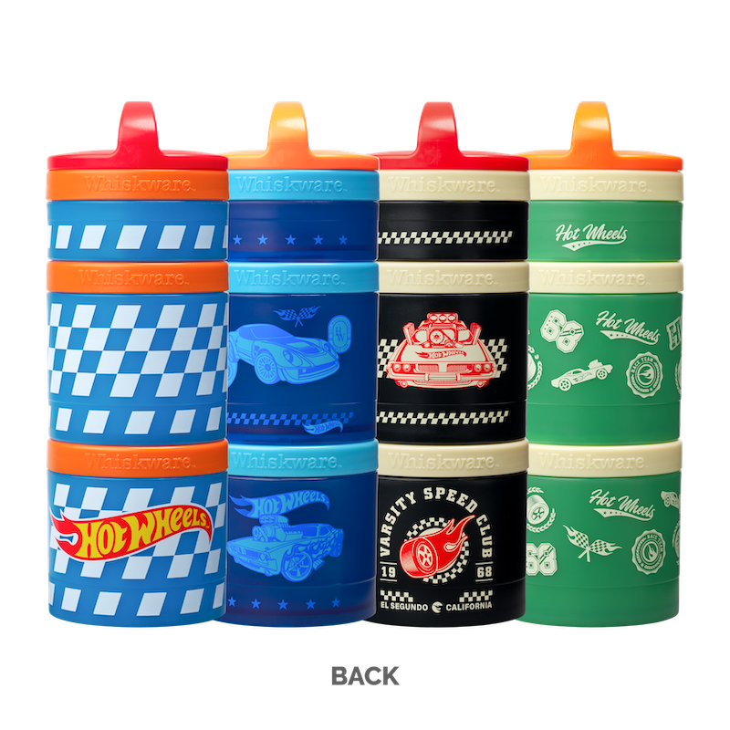 Set of four colorful snack towers with Hot Wheels branding on a white background