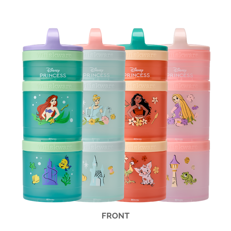 Set of Disney Princess-themed snack containers with character illustrations.