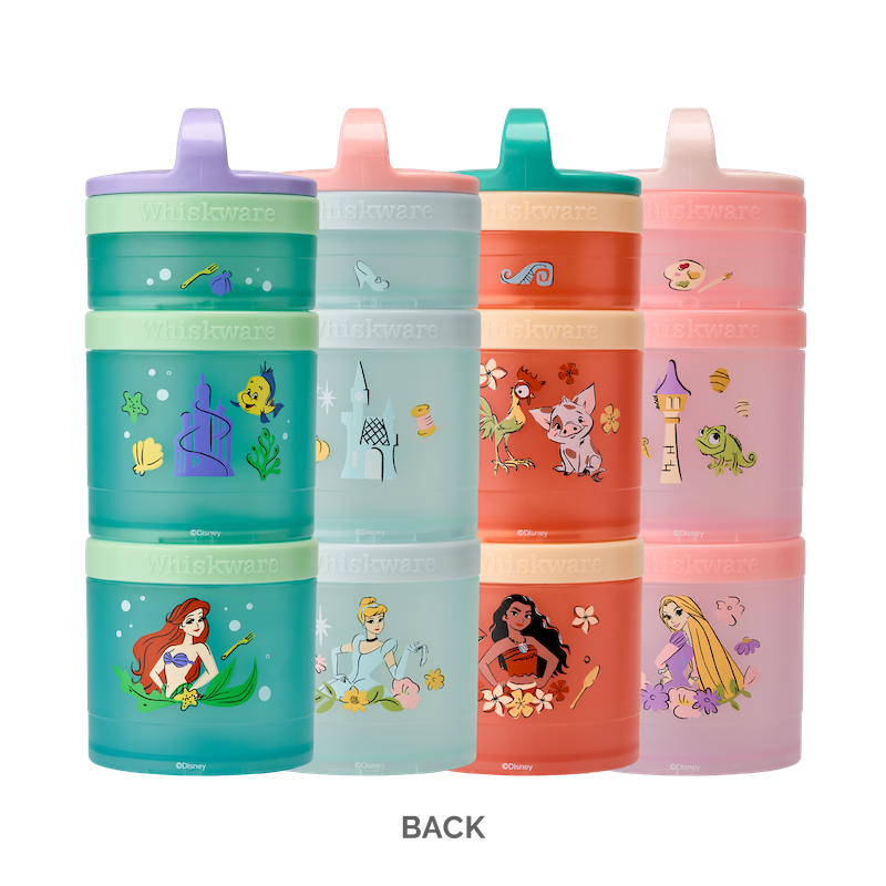 Set of colorful snack containers with Disney princess illustrations.
