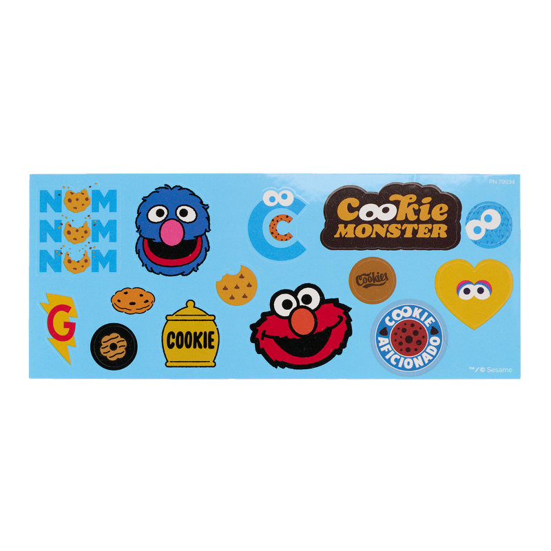 Collection of Sesame Street-themed stickers featuring Cookie Monster, Elmo and other characters and designs on a blue background.