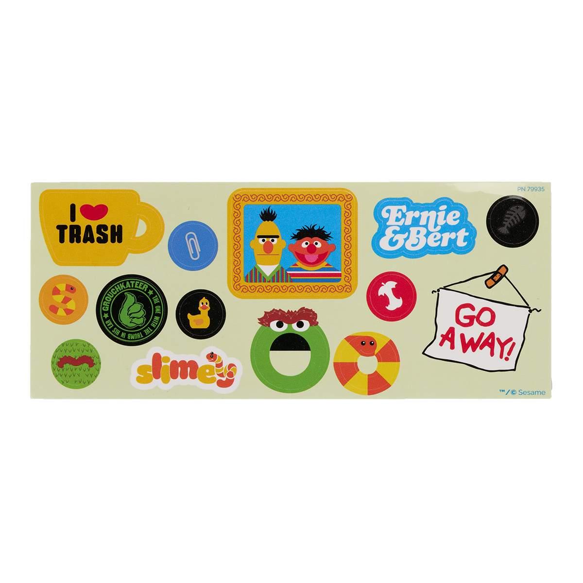 Collection of colorful stickers featuring cartoon characters and symbols on a green background.