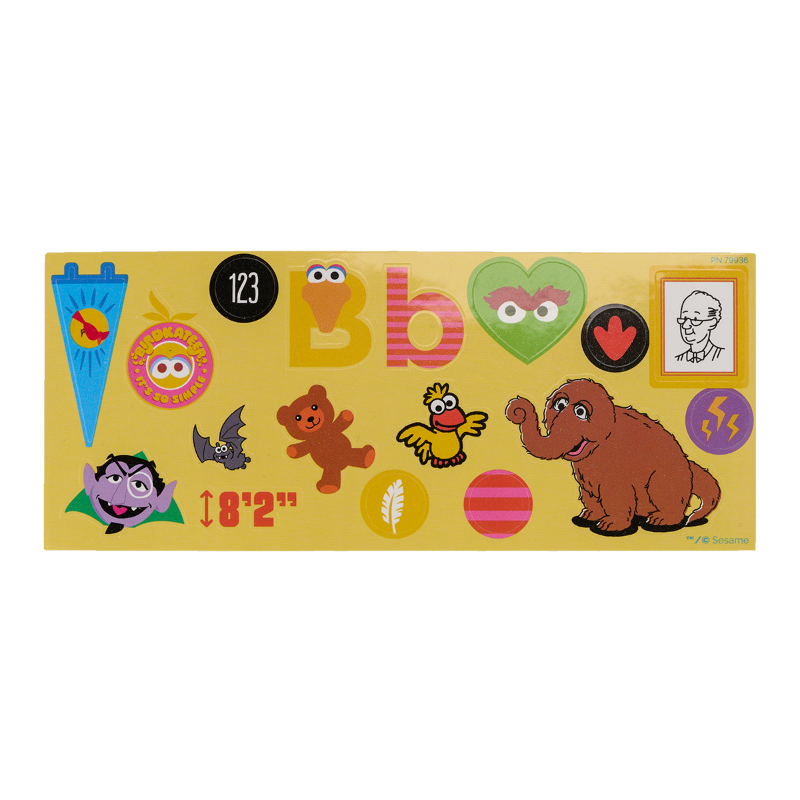 Collection of colorful stickers featuring cartoon characters and symbols on a yellow background