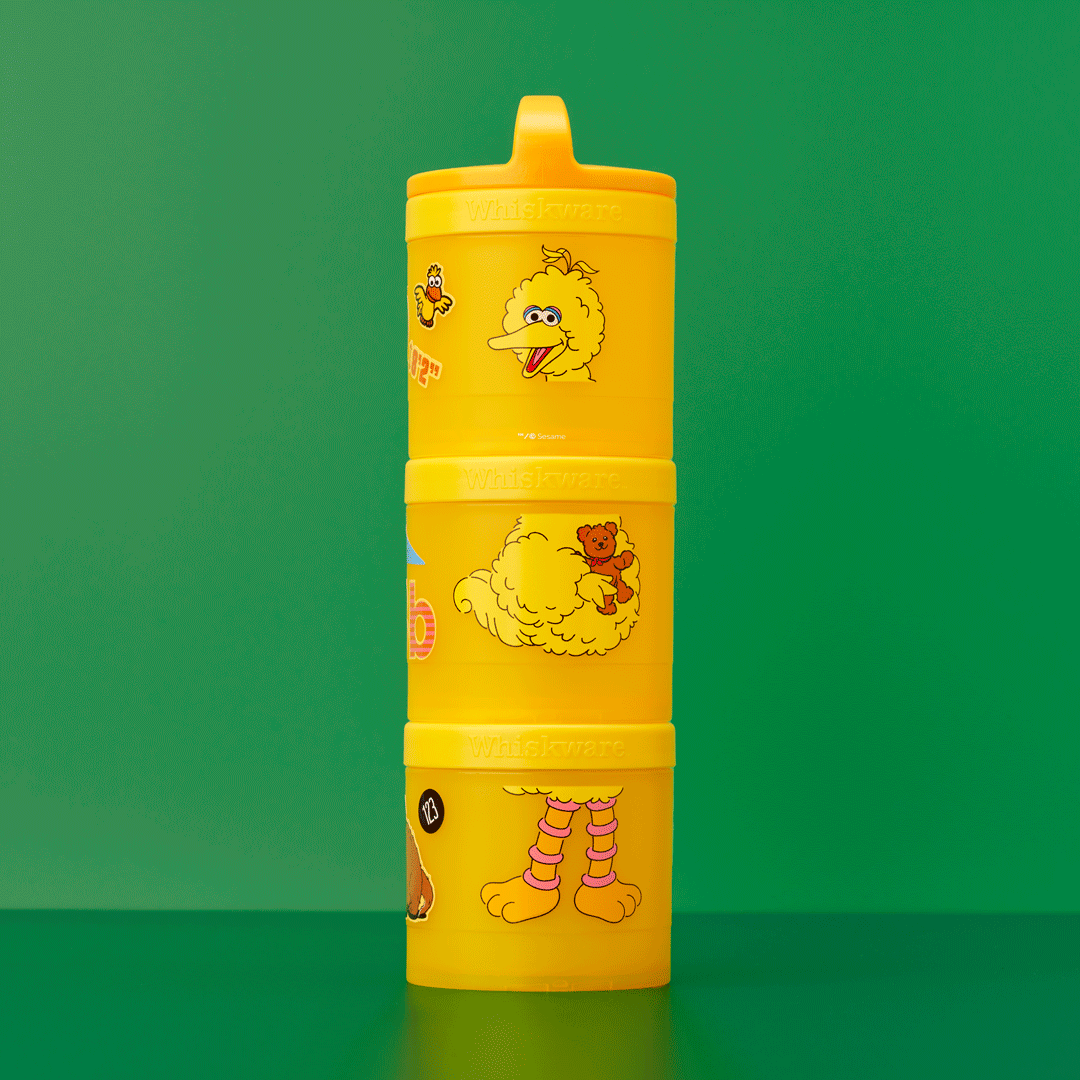 Yellow Big Bird snack container as a rotating gif.