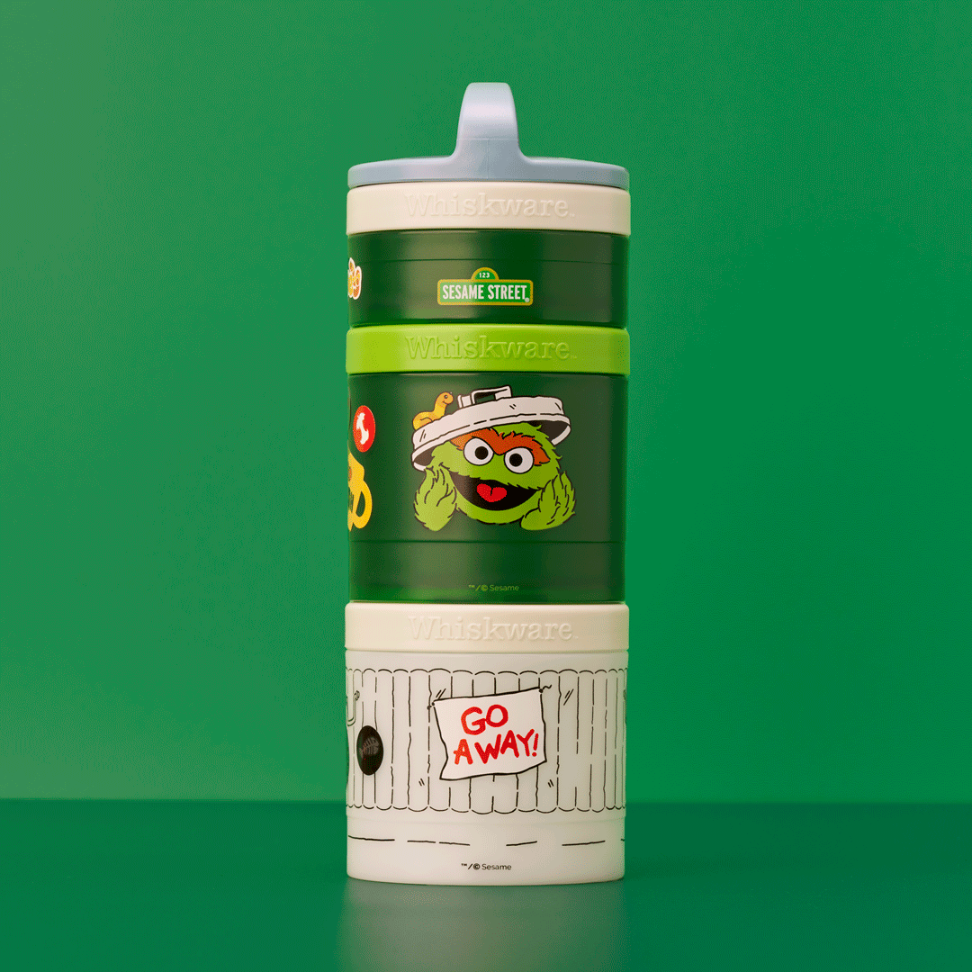 Oscar the Grouch snack container rotating in a gif format.