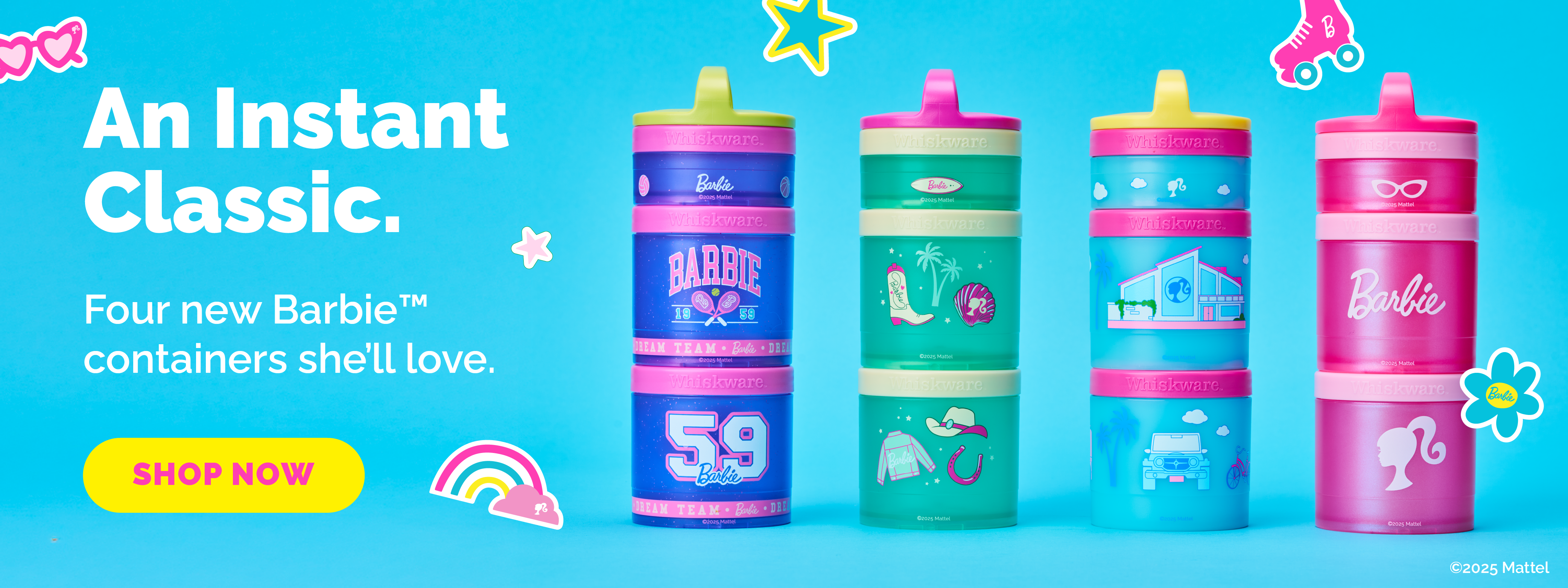 Barbie-themed containers on a blue background with promotional text and 'Shop Now' button.