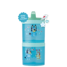 A stack of two Bluey themed snack containers with twist-top lids, featuring colorful illustrations of the character Bluey and other animals on a Valentine's Day background.