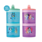 A stack of two Bluey themed snack containers with twist-top lids, featuring colorful illustrations of the character Bluey and other animals on a Valentine's Day background.