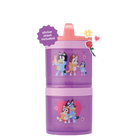 A stack of two Bluey themed snack containers with twist-top lids, featuring colorful illustrations of the character Bluey and other animals on a Valentine's Day background.