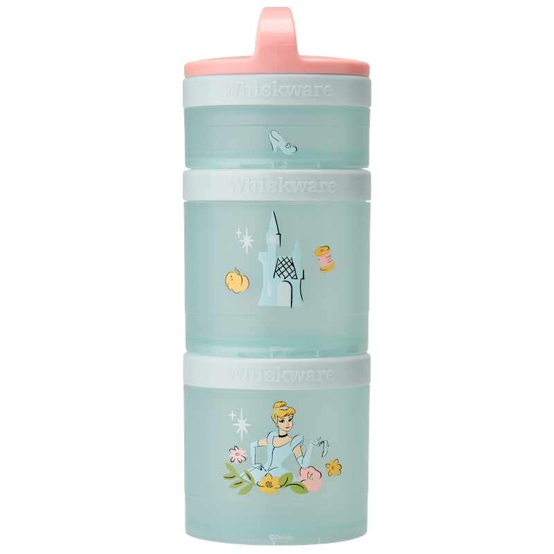 Stackable snack container with cartoon Disney's Cinderella characters & illustrations.