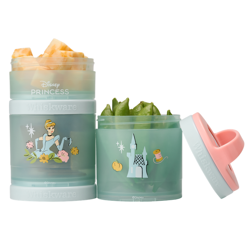 Cinderella snack container with cheese cubes & pea pods inside.
