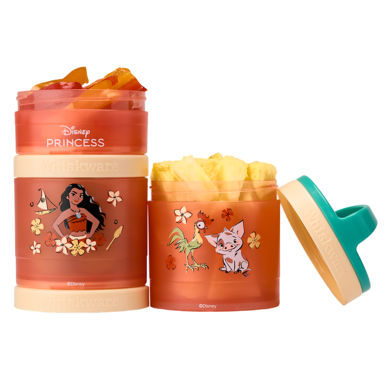 Moana snack container with peaches & pineapple inside.