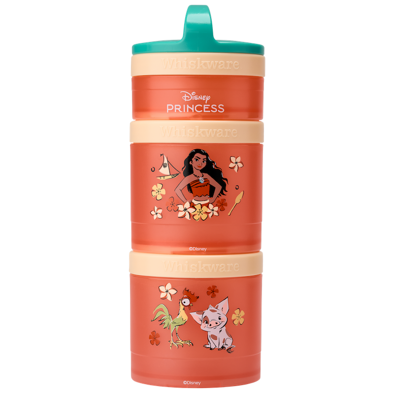 Disney Princess, Moana, Hei Hei & Pua themed snack container with Motunui & tropical illustrations.