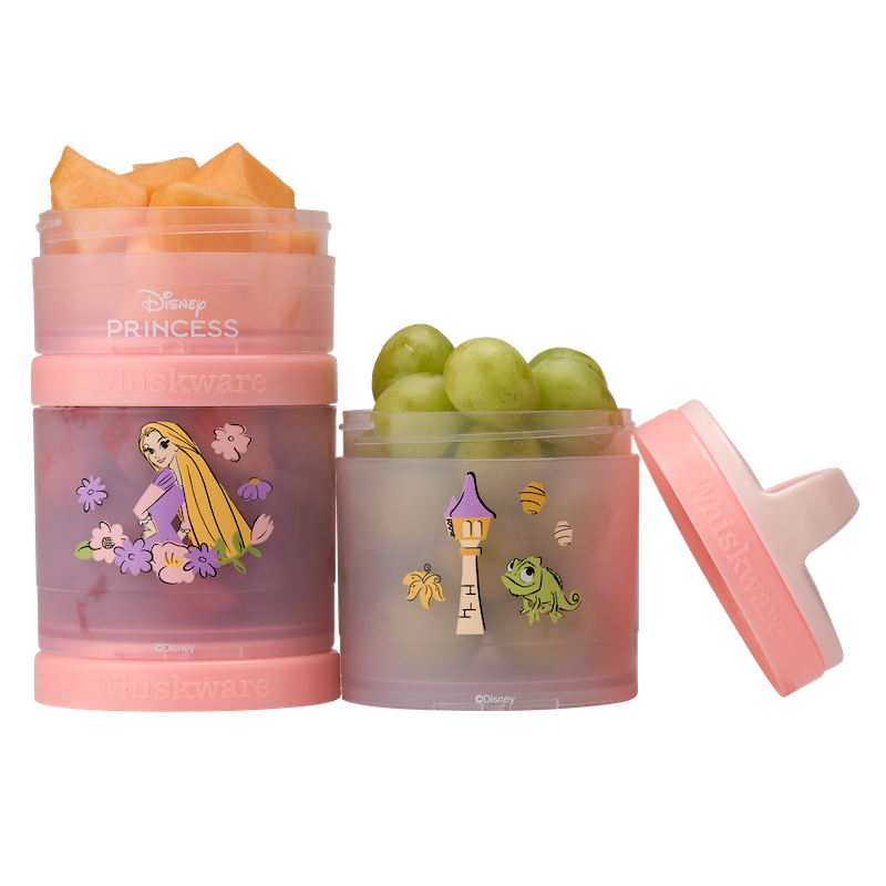 Rapunzel snack container with cantaloupe & grapes inside.