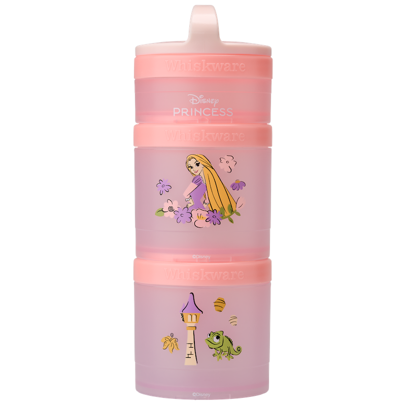 Disney Princess, Rapunzel & Pascal themed snack container with castle & floral illustrations.