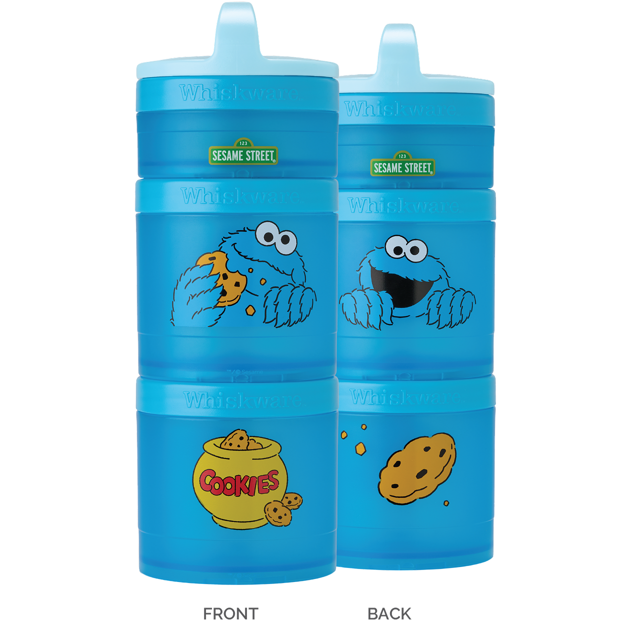 A set of three Sesame Street themed stackable snack containers in blue, featuring Cookie Monster.