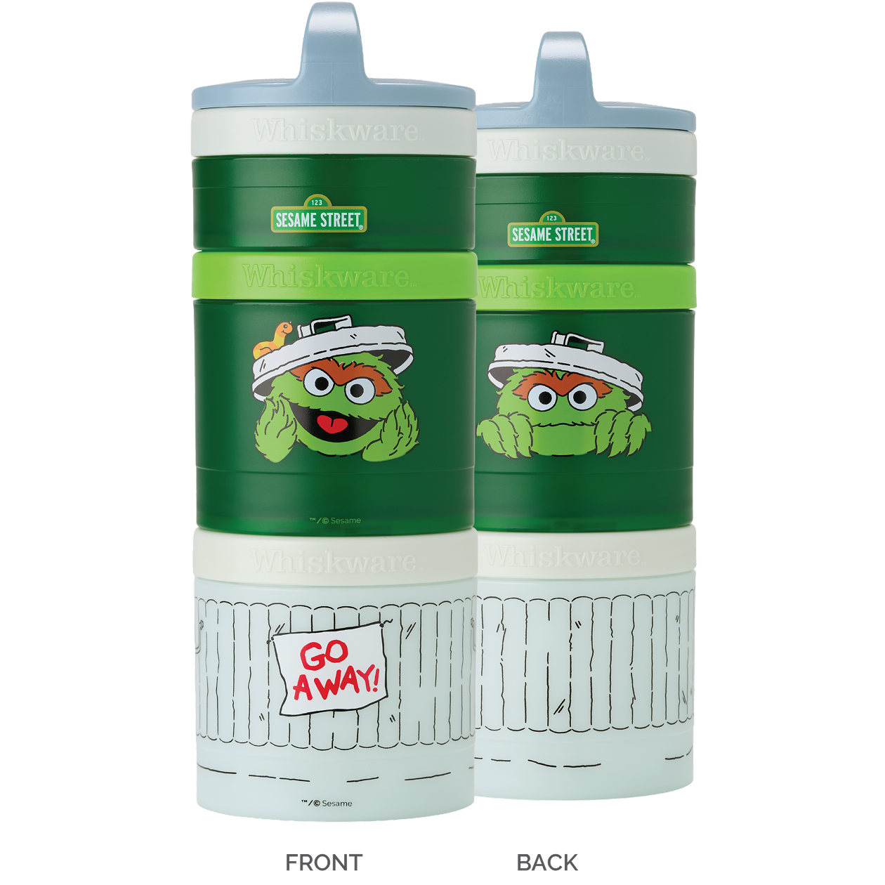 A set of three Sesame Street themed stackable snack containers in green, featuring Oscar the Grouch.