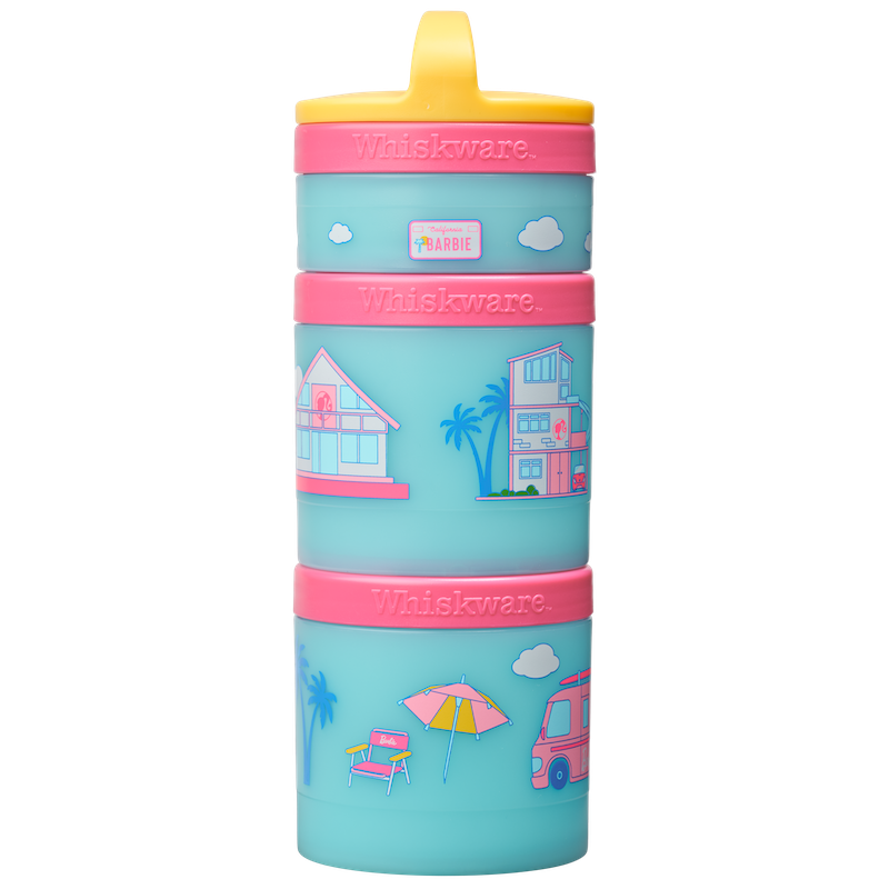 Barbie Dreamhouse & beach snack container in blue with pink lids and yellow accents.