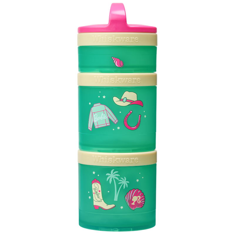 Costal cowgirl Barbie snack container with beach and cowgirl illustrations on a green snack tower with pink accents.