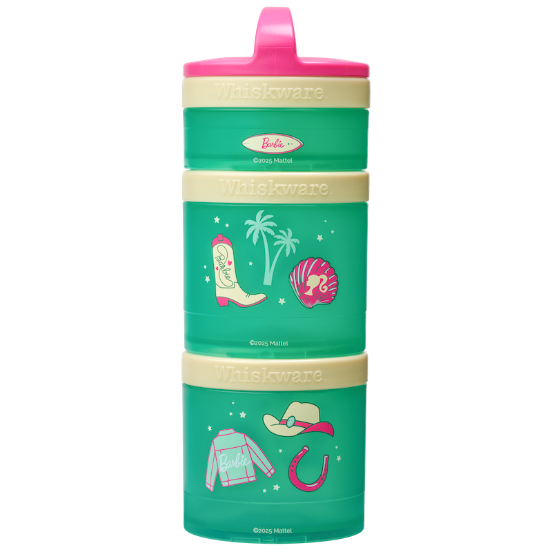 Green snack tower with pink carry handle, featuring Barbie-themed costal cowgirl illustrations.